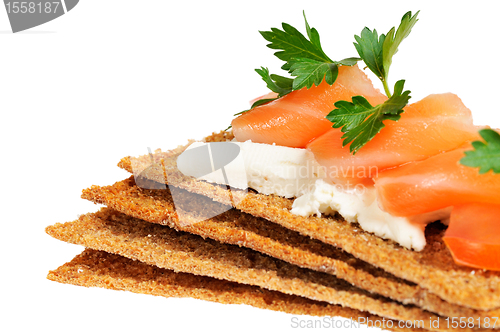 Image of Snack. Bread with feta cheese and salmon.