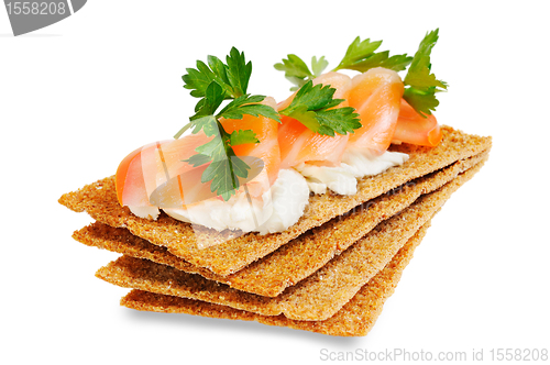 Image of Snack. Bread with feta cheese and salmon.