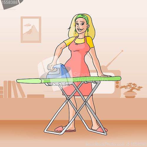 Image of Woman Ironing with TV