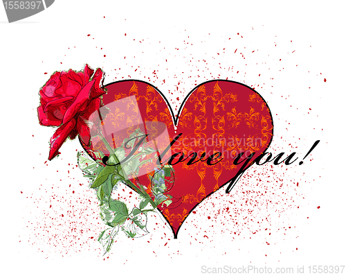 Image of valentines day greeting card with red rose and heart