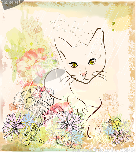 Image of abstract background with cat an flowers