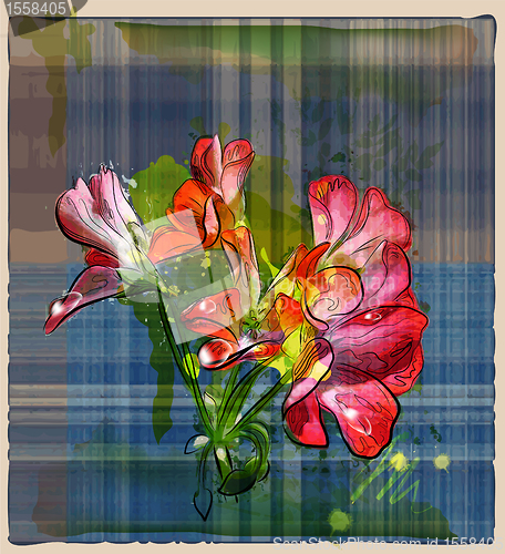 Image of hand painted red geranium flowers on the checked background