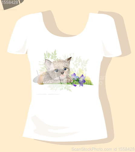 Image of t-shirt design for children with kitten and bluebell