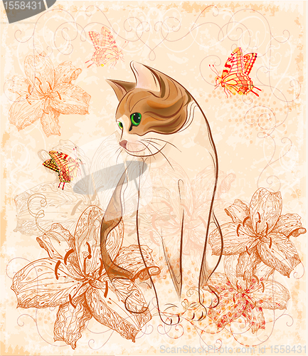 Image of Vintage birthday card with cat and lilies