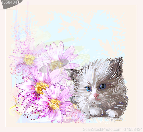 Image of birthday card with  little fluffy kitten and gerberas