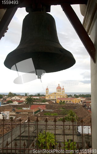 Image of bell tower La Merced Church view of Cathedral of Granada Nicarag