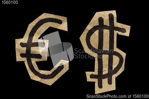 Image of Euro and Dollar Symbols cut from the paper