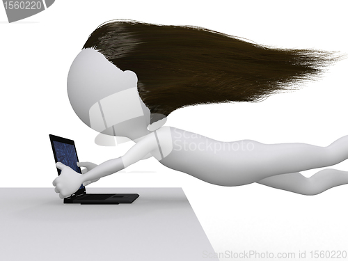 Image of High speed internet concept, woman flying holding her laptop