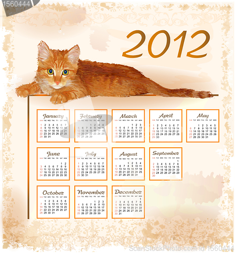 Image of hand drawn calendar 2012 with lying ginger kitten 