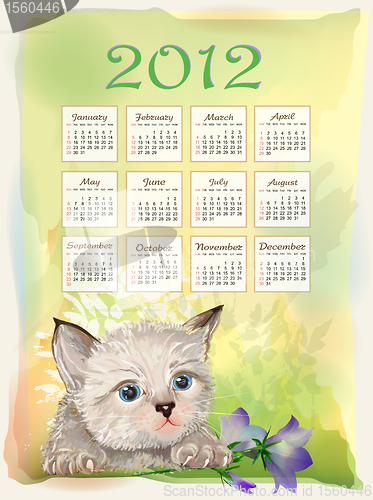 Image of Childish calendar 2012.  Little fluffy kitten playing with bluebell. Watercolor style.