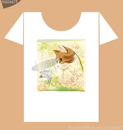 Image of childish t-shirt design with cat and butterfly