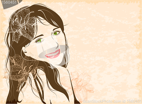 Image of grunge line art portrait of flirting young girl with flowers