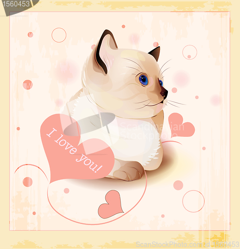 Image of Valentines day greeting card with kitten little siamese  and hearts