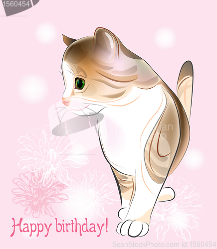 Image of Happy birthday greeting card  with  little  kitten on the pink background.  Watercolor style.