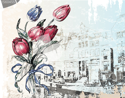 Image of vintage illustration of Amsterdam street and tulips. Watercolor style.