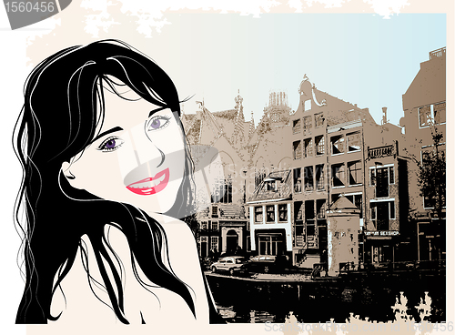 Image of fashion girl in sketch style on a city-background