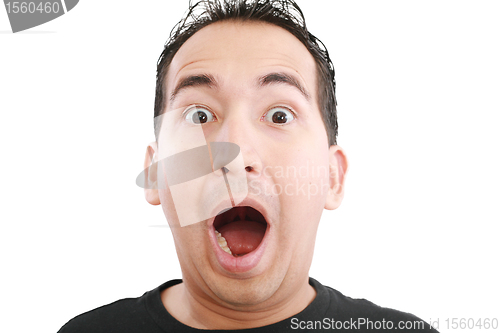 Image of shocked man over white