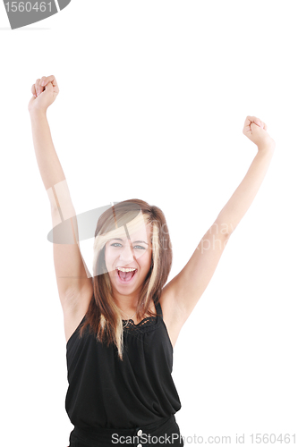 Image of Success,  winner business woman isolated. Funny image of celebrating happy young businesswoman with her arms up.