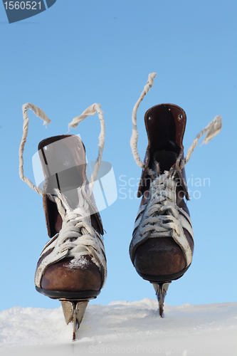 Image of vintage pair of mens  skates on the ice