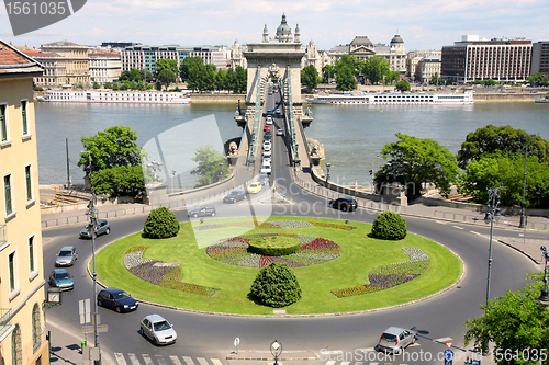 Image of Traffic circle and chain bridge in Budapest, Hungary