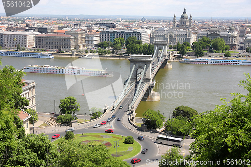 Image of Traffic circle and chain bridge in Budapest, Hungary