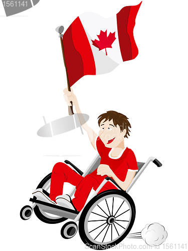 Image of Canada Sport Fan Supporter on Wheelchair with Flag