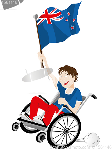 Image of New Zealand Sport Fan Supporter on Wheelchair with Flag