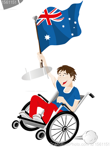 Image of Australia Sport Fan Supporter on Wheelchair with Flag