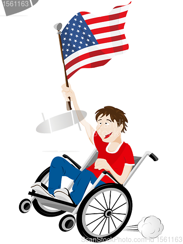Image of USA Sport Fan Supporter on Wheelchair with Flag