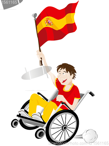 Image of Spain Sport Fan Supporter on Wheelchair with Flag