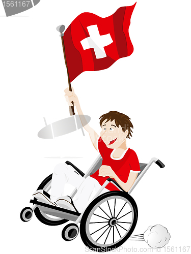Image of Switzerland Sport Fan Supporter on Wheelchair with Flag