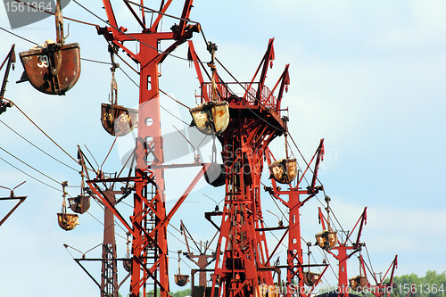 Image of industrial cableway and moving trolleys