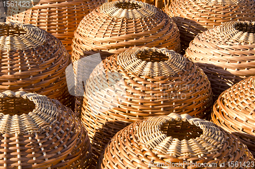 Image of Wicker handmade wooden basket sell street market 