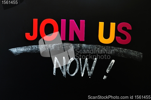 Image of Join us now- text on a blackboard