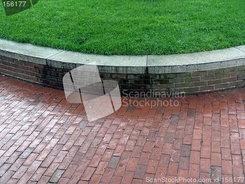 Image of Brick Wall curving with grass lawn