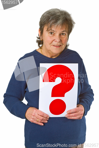 Image of Female senior holding question mark