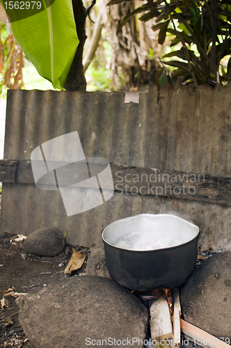 Image of outdoor natural stove with food cooking Corn Island Nicaragua