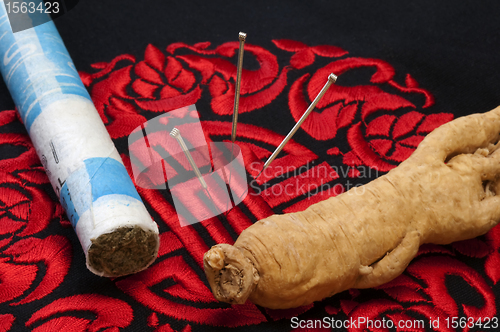 Image of Acupuncture needles, Moxibustion and Ginseng