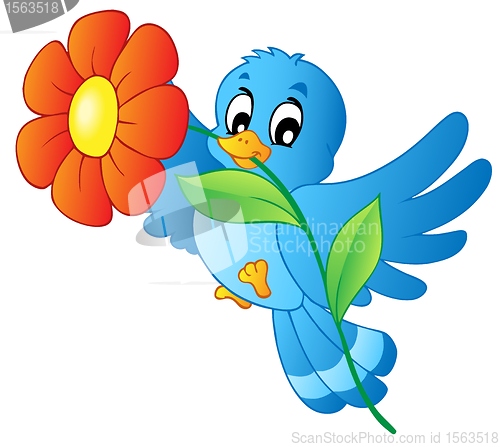 Image of Blue bird carrying flower