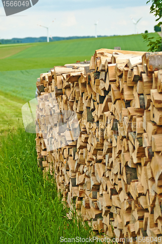 Image of fuel wood and wind wheels