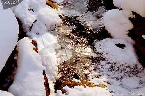 Image of Snowy forest stream freeze ice snow background 