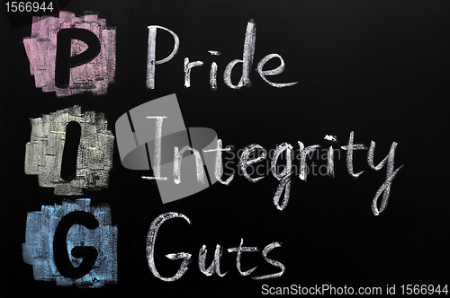 Image of PIG acronym - Pride, integrity, guts