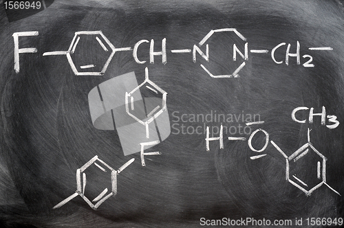 Image of Chemical structures on a blackboard