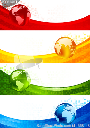 Image of Collection of four banners with globes. Vector illustration