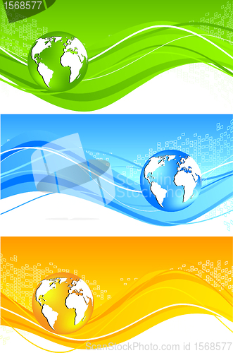 Image of Set of wavy banner with globe