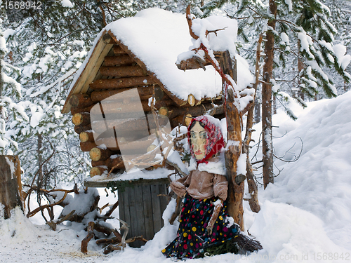 Image of Decorative cabin in the woods. Baba Yaga fairy tale character