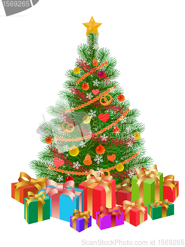 Image of decorated christmas tree wirh presents isolated