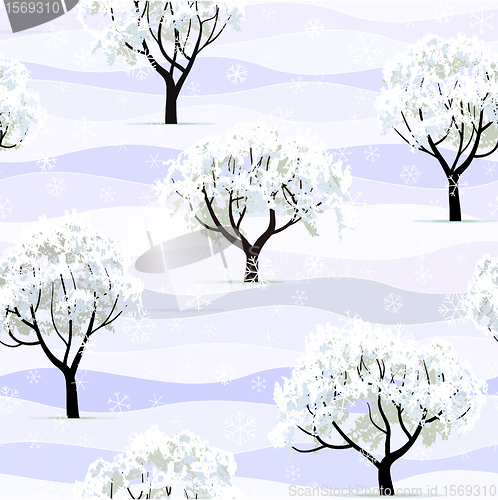 Image of trees in snow in winter garden seamless