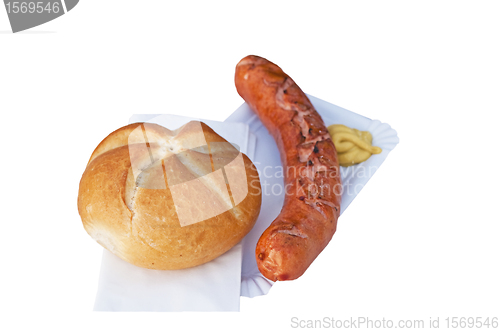 Image of German Bratwurst with bun and mustard