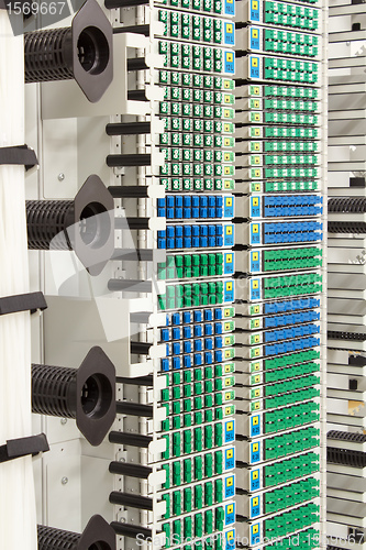 Image of fiber optic rack with high density of blue and green SC connectors